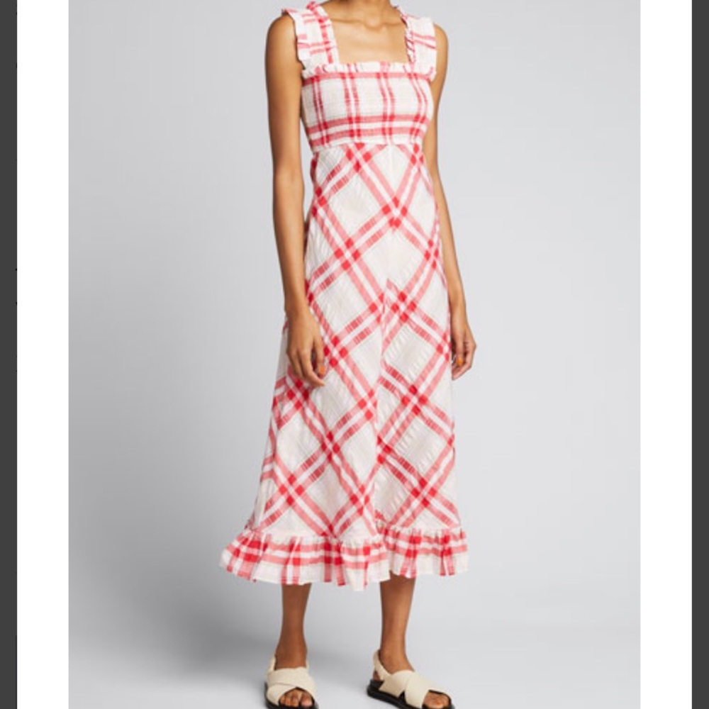 GANNI Seersucker Check  Ruffle Trim Dress